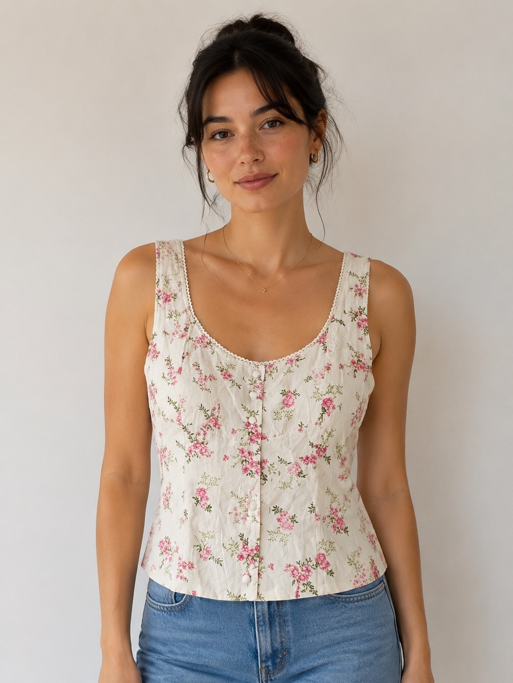 Floral Button-Front Cream Camisole with Pink Blossoms